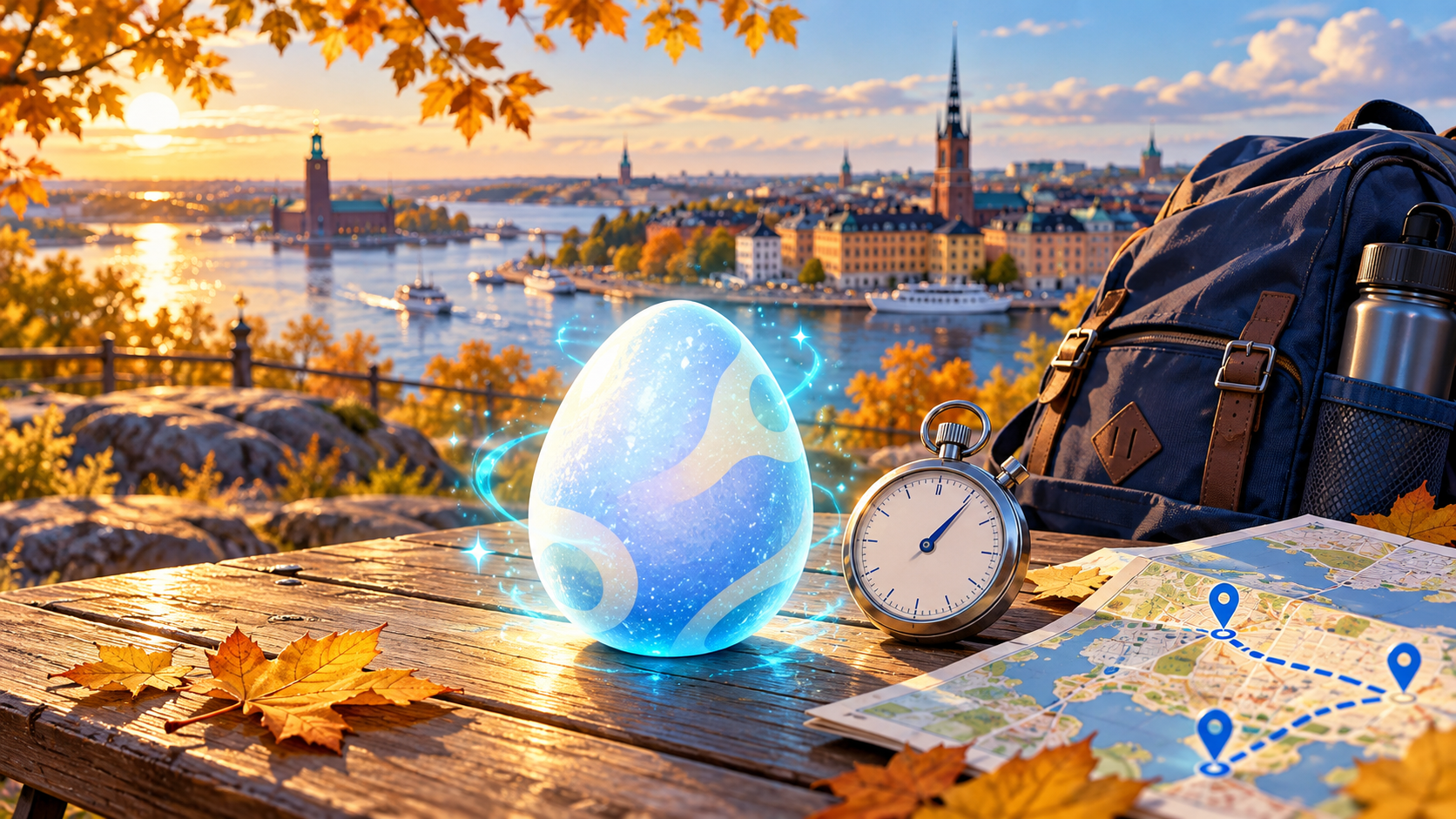 Illustration av ett blått ägg, ett stoppur och en karta i höstmiljö.