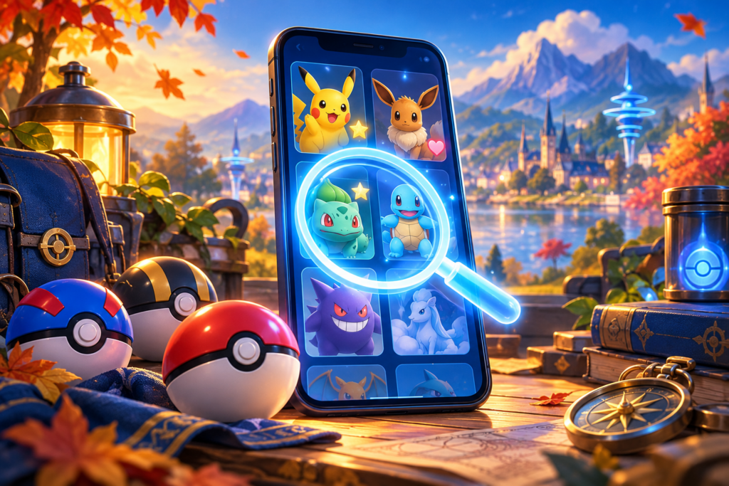 Pokémon-samling på en mobil med ett lysande förstoringsglas och Pokébollar.